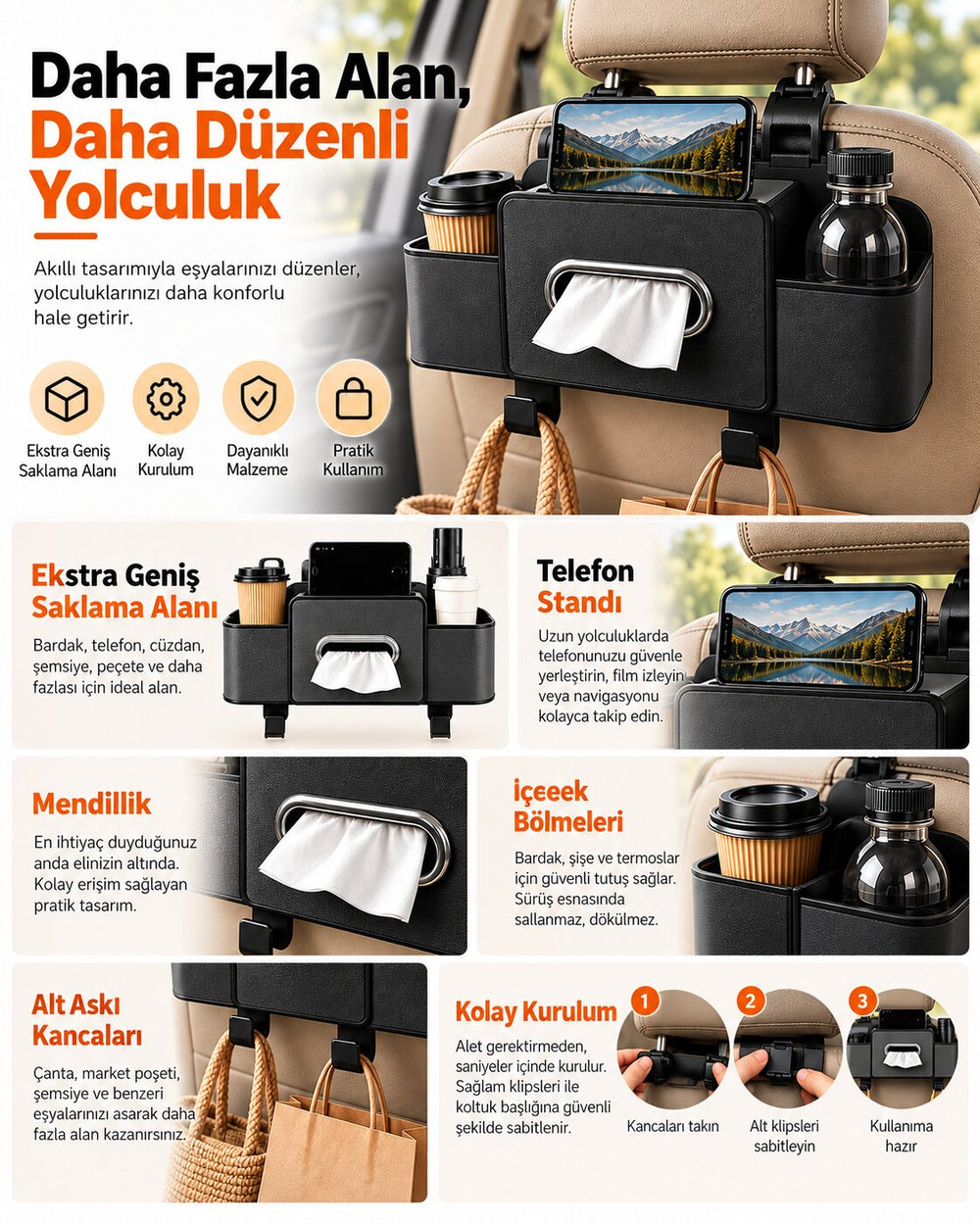 Araç Koltuk Arkası Çok Amaçlı Organizer